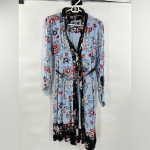 Anthropologie Light Blue Floral Long-Sleeve Belted Midi Dress